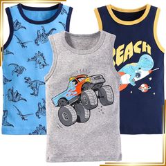【新品】 [Hapipana] 背心式上衣 3件組 兒童背心 男童 內衣 夏季兒童服裝 純棉100% 透氣 抗菌防臭 居家服 睡衣 觸感良好 舒適（火箭恐龍・藍恐龍・卡車，110）