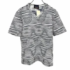 【新品】NICOLE CLUB FOR MEN Tシャツ リブの波ボーダー ストレッチ Vネック スリムフィット 半袖 ポリなど 46 杢ネイビー 紺×白 メンズ