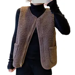 ポケット付き おしゃれ 前開き 大きいサイズ クルーネック ゆったり 無地 ジップ トップス もこもこ ボタン シャギー アウター 冬 部屋着 秋 暖かい ノースリーブ 可愛い レディース 保温 ジレ 防寒 ベスト 重ね着 ボア 着痩せ [Augseed]