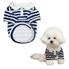 ペット服 半袖 ポロ Tシャツ 犬の服 ポロシャツ 猫服 おしゃれ ストライプ 厚手 伸縮性 ドッグウェア 洋服 脱毛保護 仮装 変身服 記念撮影 お出かけ お散歩 猫 小型犬 ペット用品 春 秋 冬 (ネイビー XL：5.5-7.5kg)