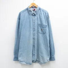 XL/古着 トミーヒルフィガー 長袖 ブランド シャツ メンズ 90年代 90s ワンポイントロゴ 大きいサイズ ロング丈 コットン ボタンダウン 紺 デニム 26mar11