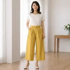 PLST ワイドパンツ S マスタード ベルト付 ハイウエスト 春夏