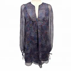 【新品】ZARA 薄手 シフォン シアーワンピース 花柄 キーネック 裏地付き 長袖 ポリ100% SS XS ネイビー 紺×紫×茶×黄×青 レディース