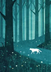 2737 花咲く森を歩く白猫 幻想的な青緑色の美しい自然風景画 北欧テイストのおしゃれで可愛い壁掛け アートポスター インテリア雑貨 新生活 A3用 絵画 ウォールデコ リビング 模様替え