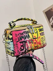 バッグ レディース ハンドルバッグ 春 グラフィティデザイン ハイキャパシティー 女性用 スモールスクエアバッグ、軽量でカジュアルなハンドバッグ＆クロスボディバッグ