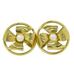 本物 シャネル CHANEL ココマーク リボン フェイクパール イヤリング GP ゴールド メッキ ホワイト Coco Mark アクセサリー ジュエリー 中古・