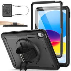 【新品】 SEYMAC stock iPad A16 第11世代11インチ/第10世代10.9インチ専用ケース 耐衝撃 Gフック式ハンドストラップ 360°回転スタンド ペン収納 ショルダーストラップ フィルム付き前面フレーム 全面保護カバー (ブラック) 1