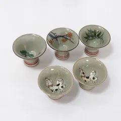 九谷焼 ◆【和食器】九谷焼/アンティーク 松竹梅犬絵 猪口揃（5個組） 雑貨 アンティーク 九谷焼 ギフト【中古】 