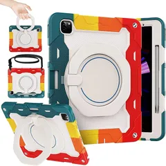 【新品】 ?置き iPad Air 13インチ(M3 2025/M2 2024)/iPad Pro 12.9 第6/5/4/3世代 ケース 耐衝撃 肩ショルダー付き 360°回転 スタンド ペン 収納 シリコン ハード 防塵 かわいい アイパッドカバー キ 0