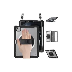 【新品】 SENLAN iPad Pro13インチM5 M4（2025/2024）用ケース 360度回転 ハンドベルト 縦置き 横置き スタンド ショルダーストラップ付き 頑丈 肩掛け 斜め掛け ペン収納 耐衝撃 TPU+PC 半透明カバー，ブラック 1