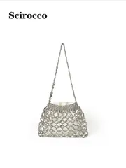 バッグ レディース ドレスバッグ ハンドメイド ビーズ編みバッグ 新作、ユニークデザイン ミニショルダーバッグ、シルバーカラー、夏にぴったり