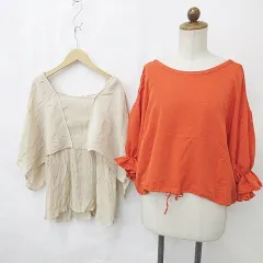 ケイビーエフ KBF アーバンリサーチ ブラウス 2枚セット プルオーバー クルーネック 五分袖 パフ袖 ドローストリング スクエアネック フレアー リボン オレンジ ベージュ One