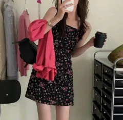 フラワーパターン ノースリーブ ミニ ONE PIECE ブラック free