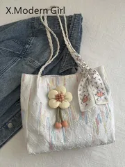バッグ レディース ショルダーバッグ ファッショナブルな無地かわいいフラワーデコレーション付き手織りショルダーバッグ付きスカーフ、ショッピング、財布の持ち運び、カジュアルな外出に適しています。若い女性、大学生、新婚