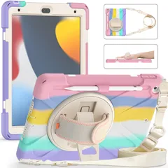 新品 GOOVEN 適合 iPad 10.2インチ第7 8 9世代 用のケース 肩掛け 360度回転 ハンドストラップ ショルダーストラップ 縦置き 横置き Pencil 收納 落下防止 キッズ 頑丈 シリコーンPC，虹色ピンク