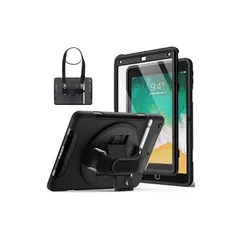 【新品】 JETech iPad 9.7インチ ケース (第6/5世代、2018/2017モデル) 液晶保護フィルム付き 保護耐衝撃頑丈なタブレットカバー 360°回転ハンドストラップスタンド （ブラック) 0