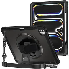 【新品】 ProCase iPad Pro 13インチ M5/M4 2025/2024 ショルダーケース 肩掛け式 子供・現場作業用 耐衝撃 半透明カバー ペン収納 360°回転スタンド 手首付き 3層保護 -ブラック