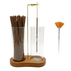【新品】 お香立て 灰がこぼれない 香炉 吊り下げ式木製 おしゃれ 線香立て ガラス製灰を受けるカップ インテリア 瞑想 ヨガ 玄関先 灰を掃除するブラシ付き 1