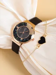 腕時計 レディース クォーツ 1個 星空 パターン ラウンドポインタクォーツウォッチ & 1個 ハートデコレーション ブレスレット