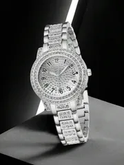 腕時計 レディース クォーツ 1個 シルバー合金バンド エレガントな女性用腕時計 ラグジュアリーファッション ダイヤモンド インレイ デジタルスケール 円形ダイヤル クォーツ時計 デイリーウェアに合わせやすい 友人