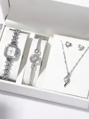 腕時計 レディース セット 5点セット ダイヤモンド装飾 リボン 腕時計 ブレスレット ネックレス ピアス ジュエリーギフトセット、学生への贈り物