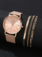 腕時計 レディース セット レディースウォッチ4個セット ビジネススタイル、女性用PUレザークオーツウォッチ、二連パネルダイヤル、バースケール、合金チェーンジュエリーブレスレット