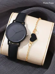 腕時計 レディース セット 国民の日 レディース腕時計セット 2個入り、ブラックPUレザーバンド腕時計とブレスレット、デイリー使い、誕生日プレゼント、パーティー、休日集まりに最適、自分や友人への贈り物に。パッケージ