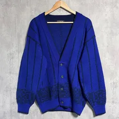 希少 LANCEL ヴィンテージ ニット カーディガン ロイヤルブルー 総柄 ストライプ ランセル Vネック セーター ウール 刺繍 ロゴボタン 80s 90s レトロ 古着 派手 菅田将暉 ゆるだぼ ビッグシルエットのサムネイル
