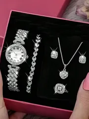 腕時計 レディース セット 6点セット ダイヤモンド付き 女性用腕時計 クォーツ式 ローマ数字 アクセサリー ネックレス ピアス リング