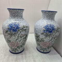 【miyuu vintage】ブルー花柄 花瓶 花器 フラワーベース 2点セット 結晶釉 花瓶 2個セット ブルー系 ペア フラワーベース セット売り 花器