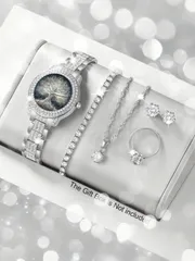 腕時計 レディース セット 女性用腕時計セット 5個入り、ファッショナブルなカジュアルなローマ数字ダイヤル クォーツ腕時計、ジュエリーアクセサリー付き:スタイリッシュなクリスタルネックレス、ピアス、リング。結婚式、