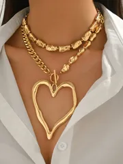 ジュエリー レディース ネックレス セット 2個セット ヴィンテージ エキセントリック ファッション メタルハートペンダントネックレス、非対称フェイクパールネックレス、レディース デイリーウェア&ビーチホリデーパー