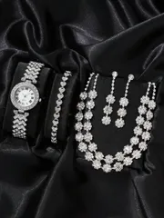 腕時計 レディース セット シルバーの亜鉛合金ストラップとラウンドダイヤルの女性用腕時計1個、輝くラインストーン装飾、日常生活と休日に最適、ピアス ブレスレット ネックレス ジュエリーセット4個セット