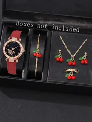腕時計 レディース セット 6個セット レディース レッド PUレザー ストラップ ファッションカジュアル デジタル スケール フラワーダイヤル ブレスレット ネックレス ピアス リング ジュエリーセット 日常着用