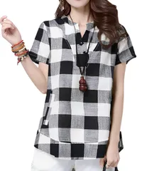 [Four leaf] チェックシャツ スキッパー ノーカラー レディース 半袖 春 夏 ブロックチェック柄 プルオーバー シャツ カジュアル 通勤 おしゃれ 綿100 夏服 (XL, 黒) [ブラック] [XL]