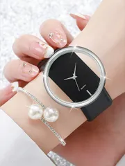 腕時計 レディース セット 2個セット 学生への贈り物 レザーベルト&ブレスレット 中空ダイヤル クォーツ 腕時計 ファッション