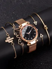 腕時計 レディース セット 1 個の女性ローズゴールド亜鉛合金ストラップファッショナブルなラウンドダイヤルクォーツ時計 & 4 個のブレスレット、日常生活