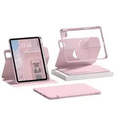 新品 Moogukadan 360度回転 iPad 10用 第10世代/2025 iPad 第11世代 A16用ケース 縦置き 横置き 手帳型 磁気吸着 分離式 薄型 透明ハードケース 衝撃吸収 取り外し可能 PUレザー，ピンク
