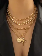 ジュエリー レディース ネックレス レトロなマルチレイヤー ハート型浮き彫り&十字架ペンダントネックレス 5個セット バレンタイン、母の日、母親への贈り物