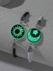ジュエリー レディース ブレスレット セット 2個セット ハンドメイド ブラック&ホワイト カップルブレスレット、月と星のガラス発光ブレスレット