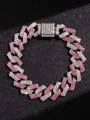 ジュエリー レディース ブレスレット  1個 トレンディなシルバーメタルブレスレットピンクのラインストーン付き、メンズジュエリー