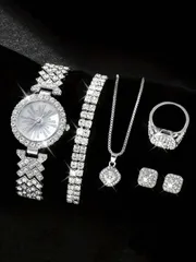 腕時計 レディース セット ラインストーン入り数字文字盤 ウォッチ&ブレスレットセット 豪華6点セット (ウォッチ1個 +ジュエリー5個)
