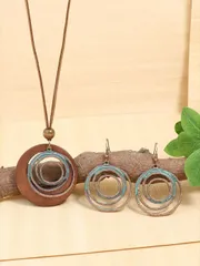 ジュエリー レディース セット 女性用 ウッドサークル ペンダント ネックレス&イヤリング 3点セット レトロ調 ブロンズ色