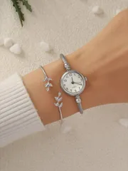 腕時計 レディース セット 1個 クラシック&レトロな女性用クォーツ腕時計、ブレスレット付き。1個の調整可能なシルバーリーフオープンカフブレスレットがギフトでついてくる、学生の学校復帰祝いに
