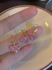 Women's Jewelry Set - 3 Pieces - Y2k Fashion Pink Heart & Rhinestone Pendant Necklace & Earrings Set - Perfect for Parties, Dates, Gifts, and Casual Valentine's Day
