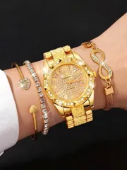 腕時計 レディース クォーツ 豪華なスパークリングダイヤモンド 丸型レディース腕時計4点セット、マルチファンクション ステンレスバンド クォーツ腕時計、ハート型ダイヤモンドブレスレット付き、パーティー、お祝い、結婚