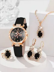 腕時計 レディース セット ファッション シンプルでエレガントな万能クオーツ腕時計ネックレスピアスセット 5点セット ブラックPUレザーバンド レディース デイリーウェアやプレゼントに最適