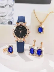 腕時計 レディース セット 女性用 5点セット ブルー PUレザーベルト ファッション カジュアル シンプルダイヤル クォーツ 腕時計 ネックレス ピアス リングジュエリー 日常着用やギフトに最適