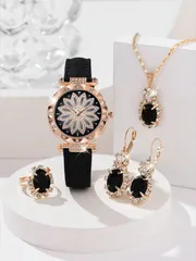 腕時計 レディース セット レディース 5点セット ブラック PUレザーストラップ 花柄 クォーツ 腕時計 ネックレス ピアス リング ジュエリー セット デイリーウェアやホリデーギフトに