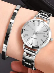 腕時計 レディース セット 2個セット レディース 腕時計 シルバーメタルバンド ファッション シンプル クオーツ ブレスレット 日常的な服装に合わせやすい